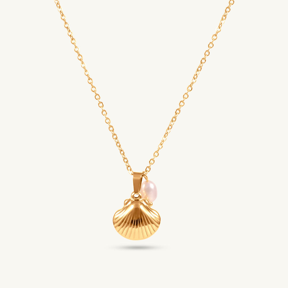 Golden Seashell Pendant with Pearl Drop NecklaceTEST